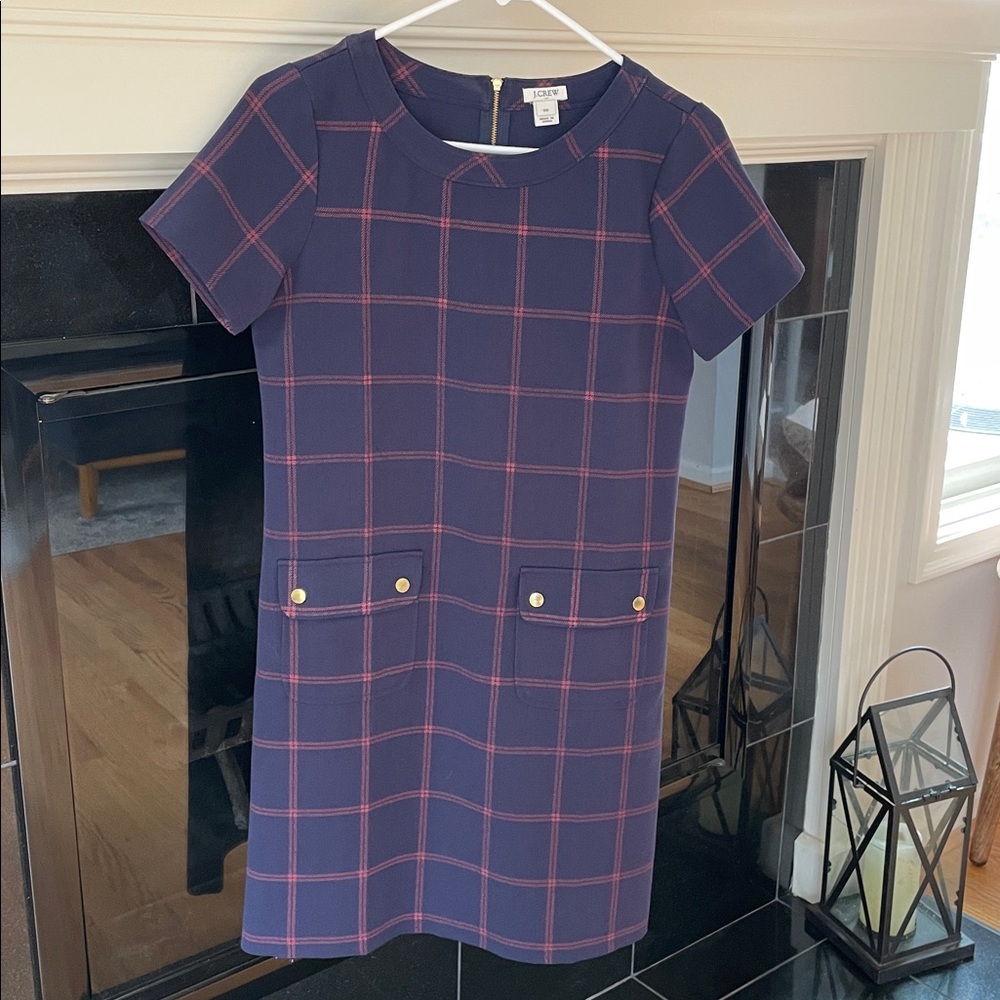 J. Crew Navy and Red Plaid Short Sleeve Shift Dress